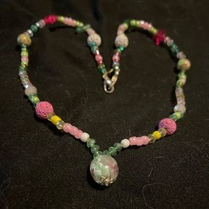 Handmade Boho Beaded Summery Feminine Necklace In Pastel Colours Pinks & Greens